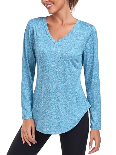 Deaviya Sportshirt Langarm Damen, Laufshirt Langarm, Langarmshirt Fitness Oberteil, V-Ausschnitt Workout Longsleeve Tshirts (DE/NL/SE/PL, Alphanumerisch, 3XL, Regular, Regular, Himmelblau) von Deaviya