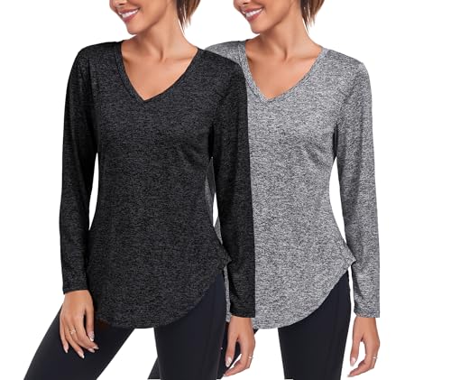 Deaviya Sportshirt Langarm Damen, Laufshirt Langarm, Langarmshirt Fitness Oberteil, V-Ausschnitt Workout Longsleeve Tshirts (DE/NL/SE/PL, Alphanumerisch, XXL, Regular, Regular, Schwarz+Grau) von Deaviya