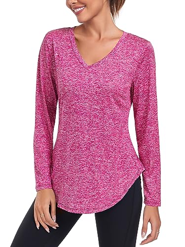 Deaviya Sportshirt Langarm Damen, Laufshirt Langarm, Langarmshirt Fitness Oberteil, V-Ausschnitt Workout Longsleeve Tshirts (DE/NL/SE/PL, Alphanumerisch, XXL, Regular, Regular, Rot) von Deaviya