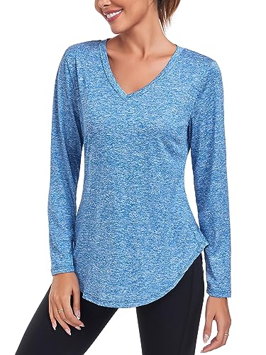 Deaviya Sportshirt Langarm Damen, Laufshirt Langarm, Langarmshirt Fitness Oberteil, V-Ausschnitt Workout Longsleeve Tshirts (DE/NL/SE/PL, Alphanumerisch, M, Regular, Regular, Blau) von Deaviya