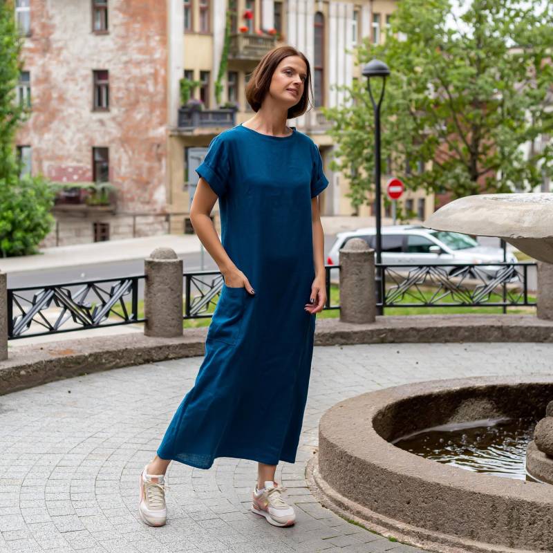 Reines Leinen Maxikleid, Sommerkleid Mit U-Boot-Ausschnitt, Ozean-Leinenkleid, Leinen-Maxikleid Für Frauen von DebesyClothes