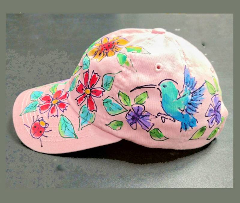 Wildblumen Und Kolibris Auf Der Baseballkappe, Handbemalt Für Damen Oder Kinder von DeborahWillardDesign