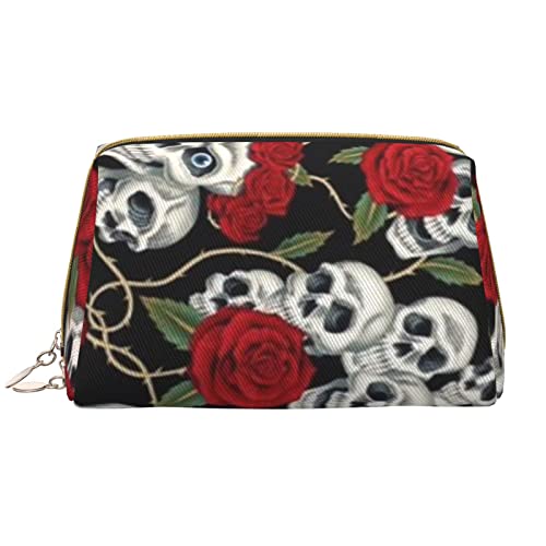 Debou Coole Make-up-Tasche mit Totenkopf- und Rosenmotiv, großes Fassungsvermögen, Leder, wasserdicht, Make-up-Tasche, tragbare Reise-Kosmetiktasche, Make-up-Organizer-Tasche für Frauen, Weiß, von Debou