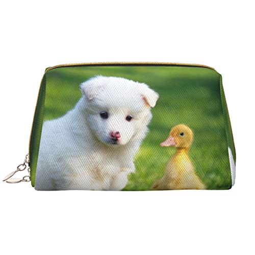 Debou Dog and a duck Make-up-Tasche, großes Fassungsvermögen, Leder, wasserdicht, Make-up-Tasche, tragbare Reise-Kosmetiktasche, Make-up-Organizer-Tasche für Frauen, Weiß, Einheitsgröße, weiß, von Debou