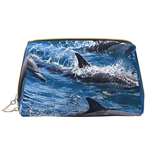 Debou Make-up-Tasche mit Delfinen im Meer, große Kapazität, Leder, wasserdicht, Make-up-Tasche, tragbare Reise-Kosmetiktasche, Make-up-Organizer-Tasche für Frauen, Weiß, Einheitsgröße, weiß, von Debou