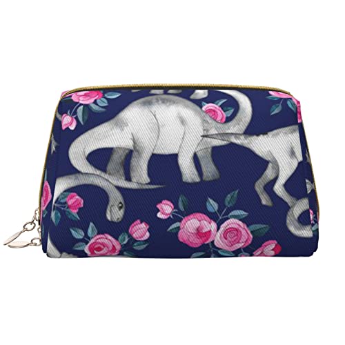 Debou Make-up-Tasche mit Dinosauriern und Rosen, großes Fassungsvermögen, Leder, wasserdicht, tragbare Reise-Kosmetiktasche, Make-up-Organizer-Tasche für Frauen, Weiß, Einheitsgröße, weiß, von Debou