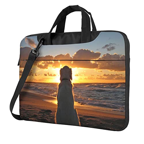 Laptoptasche mit Hund und Sonnenuntergang, leichte Computertaschen, große Kapazität, tragbare Umhängetasche, Laptoptasche, Aktentasche mit Tragegurt, Schwarz , 15.6 inch von Debou