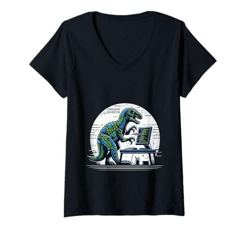 Damen Codesaur Warrior Programmierer Dinosaurier Retro ||- T-Shirt mit V-Ausschnitt von Debugging Dinosaurierprogrammierer