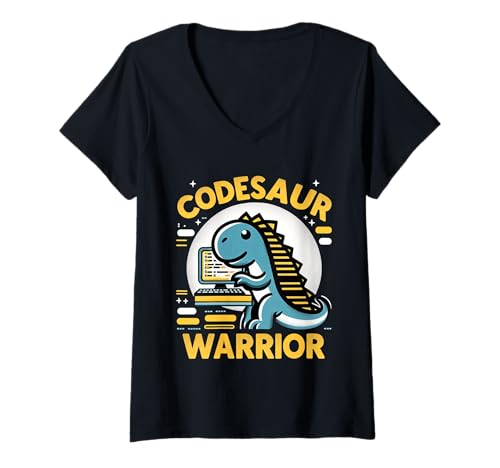 Damen Codesaur Warrior Programmierer Dinosaurier Retro ||- T-Shirt mit V-Ausschnitt von Debugging Dinosaurierprogrammierer