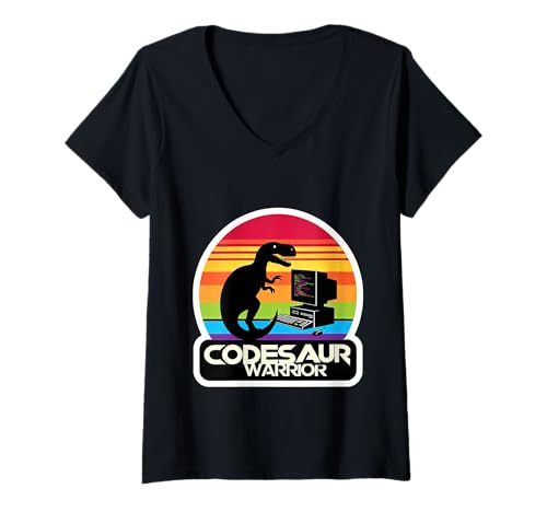 Damen Codesaur Warrior Programmierer Dinosaurier Retro ||- T-Shirt mit V-Ausschnitt von Debugging Dinosaurierprogrammierer