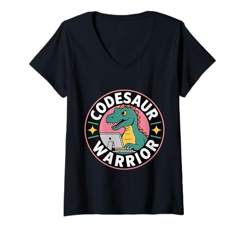 Damen Codesaur Warrior Programmierer Dinosaurier Retro T-Shirt mit V-Ausschnitt von Debugging Dinosaurierprogrammierer