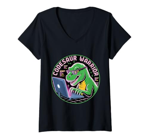 Damen Codesaur Warrior Programmierer Dinosaurier Retro - T-Shirt mit V-Ausschnitt von Debugging Dinosaurierprogrammierer