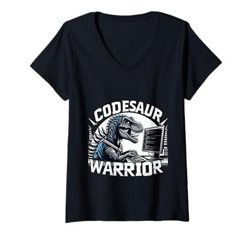 Damen Codesaur Warrior Programmierer Dinosaurier Retro |||- T-Shirt mit V-Ausschnitt von Debugging Dinosaurierprogrammierer