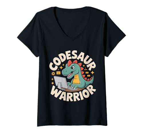Damen Codesaur Warrior Programmierer Dinosaurier Retro |- T-Shirt mit V-Ausschnitt von Debugging Dinosaurierprogrammierer