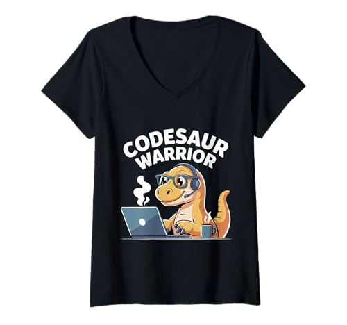 Damen Codesaur Warrior Programmierer Dinosaurier Retro |- T-Shirt mit V-Ausschnitt von Debugging Dinosaurierprogrammierer