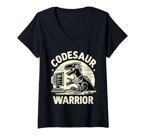 Damen Codesaur Warrior Programmierer Dinosaurier Retro |||- T-Shirt mit V-Ausschnitt von Debugging Dinosaurierprogrammierer