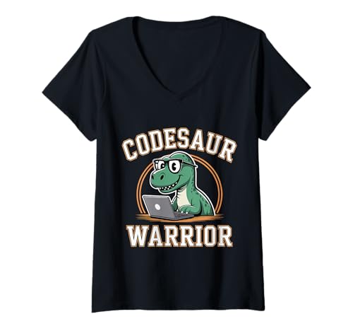 Damen Codesaur Warrior Programmierer Dinosaurier Retro - T-Shirt mit V-Ausschnitt von Debugging Dinosaurierprogrammierer