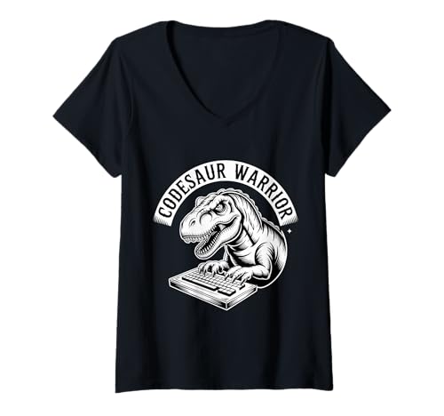 Damen Codesaur Warrior Programmierer Dinosaurier Retro - T-Shirt mit V-Ausschnitt von Debugging Dinosaurierprogrammierer