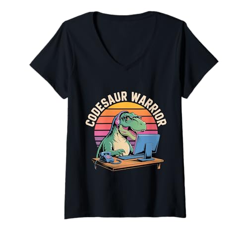 Damen Codesaur Warrior Programmierer Dinosaurier Retro - T-Shirt mit V-Ausschnitt von Debugging Dinosaurierprogrammierer