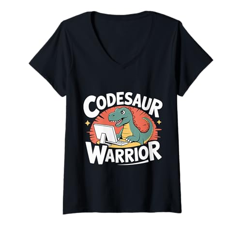 Damen Codesaur Warrior Programmierer Dinosaurier Retro |- T-Shirt mit V-Ausschnitt von Debugging Dinosaurierprogrammierer