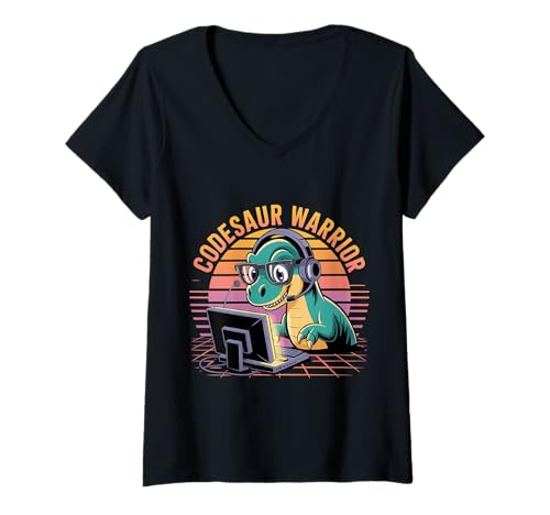 Damen Codesaur Warrior Programmierer Dinosaurier Retro - T-Shirt mit V-Ausschnitt von Debugging Dinosaurierprogrammierer