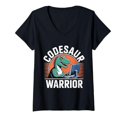 Damen Codesaur Warrior Programmierer Dinosaurier Retro |- T-Shirt mit V-Ausschnitt von Debugging Dinosaurierprogrammierer