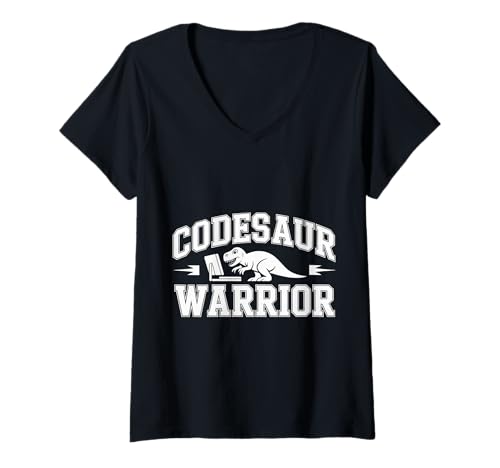 Damen Codesaur Warrior Programmierer Dinosaurier Retro - T-Shirt mit V-Ausschnitt von Debugging Dinosaurierprogrammierer