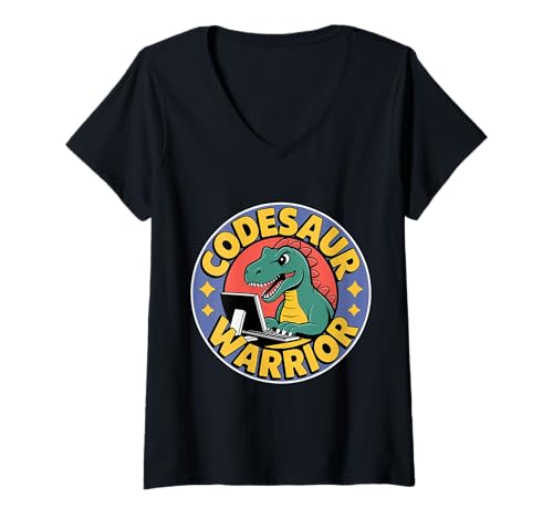Damen Codesaur Warrior Programmierer Dinosaurier Retro - T-Shirt mit V-Ausschnitt von Debugging Dinosaurierprogrammierer