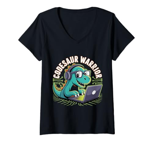 Damen Codesaur Warrior Programmierer Dinosaurier Retro |- T-Shirt mit V-Ausschnitt von Debugging Dinosaurierprogrammierer
