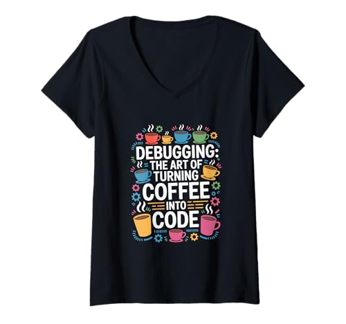 Damen Computer-Debugging: Die Kunst, Kaffee in Code-Nerd zu verwandeln T-Shirt mit V-Ausschnitt von Debugging Experts, Coding Enthusiasts Geek