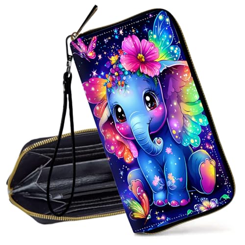 Decahouy Damen Geldbörse Slim PU Leder RFID Blockierung Geldbörse mit Reißverschluss Klein Kreditkartenetui mit Handschlaufe, Niedlicher Cartoon-Elefantenbaby, Klassisch von Decahouy
