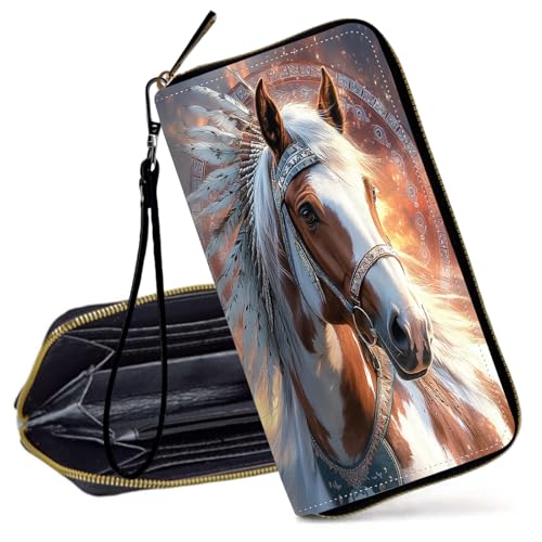 Decahouy Damen Geldbörse Slim PU Leder RFID Blockierung Geldbörse mit Reißverschluss Klein Kreditkartenetui mit Handschlaufe, Pferd Appaloosa braun und weiß, Klassisch von Decahouy