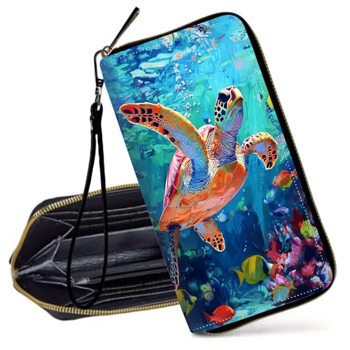 Decahouy RFID-blockierende Geldbörse für Damen, schlanke PU-Leder-Clutch-Geldbörse mit Reißverschluss, kleines Kreditkartenetui mit Handschlaufe, Elegante Meeresschildkröte von Decahouy