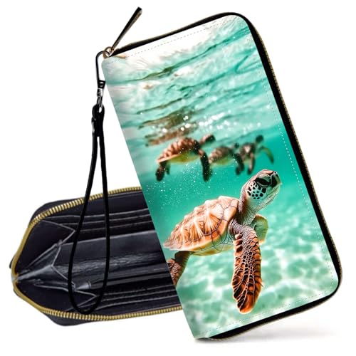 Decahouy RFID-blockierende Geldbörse für Damen, schlanke PU-Leder-Clutch-Geldbörse mit Reißverschluss, kleines Kreditkartenetui mit Handschlaufe, Niedliche Schildkröte von Decahouy