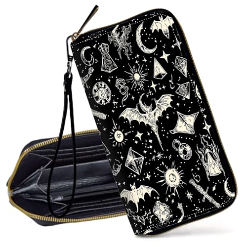 Decahouy RFID-blockierende Geldbörse für Damen – schlanke PU-Leder-Reißverschluss-Clutch, niedliche Kreditkartenetui mit Handgelenkschlaufe für Damen, Blaue böse Augen und Elefanten von Decahouy