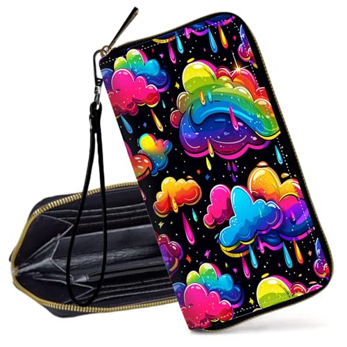 Decahouy RFID-blockierende Geldbörse für Damen – schlanke PU-Leder-Reißverschluss-Clutch, niedliche Kreditkartenetui mit Handgelenkschlaufe für Damen, Buntes Dackelmuster von Decahouy