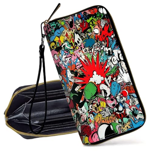 Decahouy RFID-blockierende Geldbörse für Damen – schlanke PU-Leder-Reißverschluss-Clutch, niedliche Kreditkartenetui mit Handgelenkschlaufe für Damen, Cartoon großer Dinosaurier von Decahouy