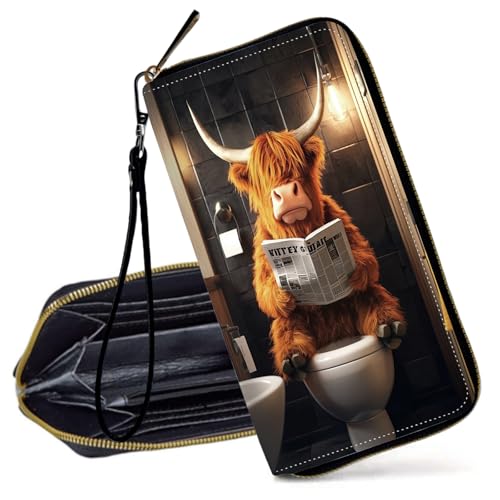 Decahouy RFID-blockierende Geldbörse für Damen – schlanke PU-Leder-Reißverschluss-Clutch, niedliche Kreditkartenetui mit Handgelenkschlaufe für Damen, Eine Highland Cow Reading von Decahouy