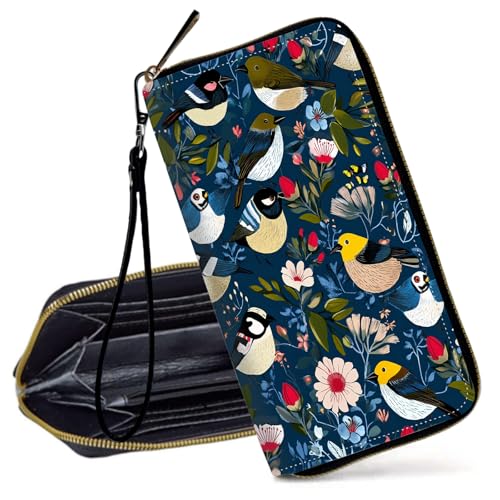 Decahouy RFID-blockierende Geldbörse für Damen – schlanke PU-Leder-Reißverschluss-Clutch, niedliche Kreditkartenetui mit Handgelenkschlaufe für Damen, Kolibri und Blumen-1282 von Decahouy