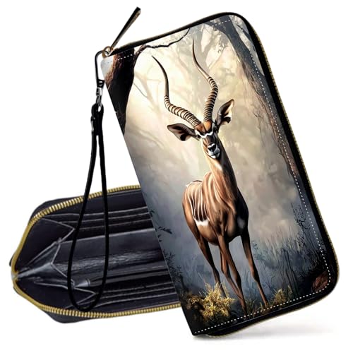 Decahouy RFID-blockierende Geldbörse für Damen – schlanke PU-Leder-Reißverschluss-Clutch, niedliche Kreditkartenetui mit Handgelenkschlaufe für Damen, Majestätischer Löwe und Sternenhimmel von Decahouy