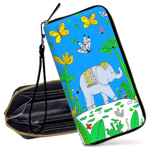 Decahouy RFID-blockierende Geldbörse für Damen – schlanke PU-Leder-Reißverschluss-Clutch, niedliche Kreditkartenetui mit Handgelenkschlaufe für Damen, Niedlicher kleiner Elefant und Maus von Decahouy