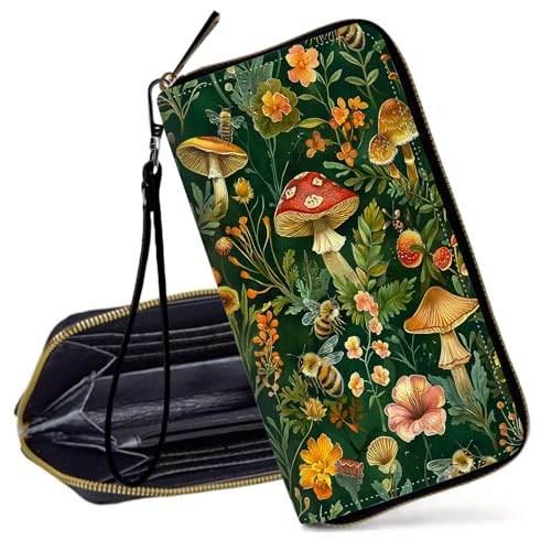 Decahouy RFID-blockierende Geldbörse für Damen – schlanke PU-Leder-Reißverschluss-Clutch, niedliche Kreditkartenetui mit Handgelenkschlaufe für Damen, Pilze, Mondmotten und Reben von Decahouy