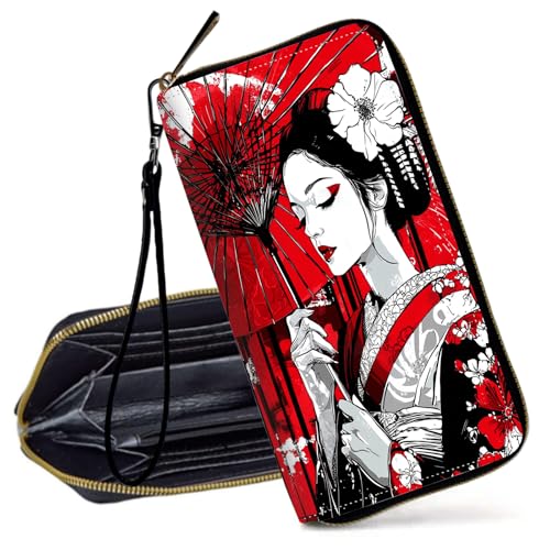 Decahouy RFID-blockierende Geldbörse für Damen – schlanke PU-Leder-Reißverschluss-Clutch, niedliche Kreditkartenetui mit Handgelenkschlaufe für Damen, Schöne Motten von Decahouy