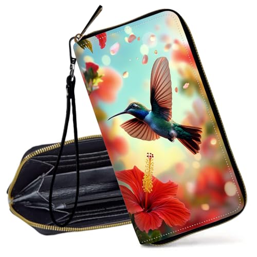 Decahouy RFID-blockierende Geldbörse für Damen – schlanke PU-Leder-Reißverschluss-Clutch, niedliche Kreditkartenetui mit Handgelenkschlaufe für Damen, Schöner Herbstwald-Hirsch von Decahouy