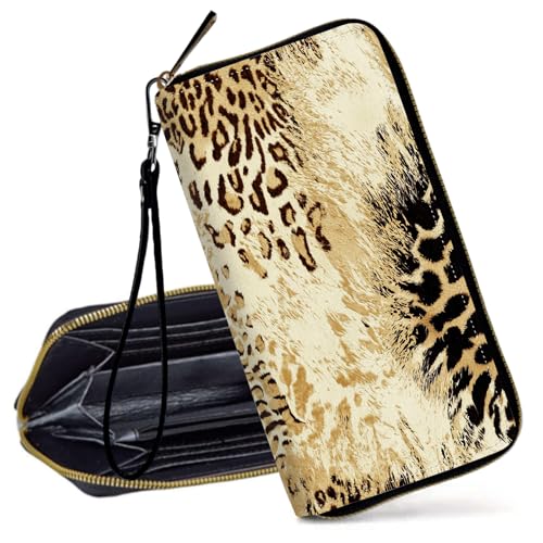 Decahouy RFID-blockierende Geldbörse für Damen – schlanke PU-Leder-Reißverschluss-Clutch, niedliche Kreditkartenetui mit Handgelenkschlaufe für Damen, Schwarz-weißes Leopardenmuster von Decahouy