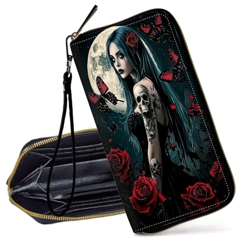 Decahouy RFID-blockierende Geldbörse für Damen – schlanke PU-Leder-Reißverschluss-Clutch, niedliche Kreditkartenetui mit Handgelenkschlaufe für Damen, Sparkling Stars & Funny Fox von Decahouy