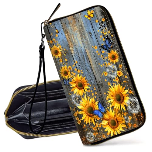 Decahouy RFID-blockierende Geldbörse für Damen – schlanke PU-Leder-Reißverschluss-Clutch, niedliche Kreditkartenetui mit Handgelenkschlaufe für Damen, Sunflower Like Poetry von Decahouy