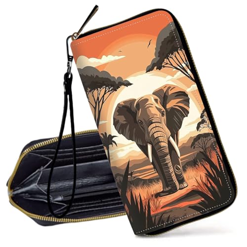 Decahouy RFID-blockierende Geldbörse für Frauen – schlanke PU-Leder-Reißverschluss-Clutch, niedliche Kreditkartenetui mit Handgelenkschlaufe für Damen, Afrikanischer Savannen-Elefant von Decahouy