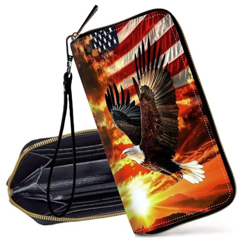 Decahouy RFID-blockierende Geldbörse für Frauen – schlanke PU-Leder-Reißverschluss-Clutch, niedliche Kreditkartenetui mit Handgelenkschlaufe für Damen, American Flag Bald Eagle von Decahouy