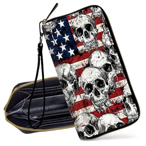 Decahouy RFID-blockierende Geldbörse für Frauen – schlanke PU-Leder-Reißverschluss-Clutch, niedliche Kreditkartenetui mit Handgelenkschlaufe für Damen, Amerikanische Flagge und Totenköpfe von Decahouy